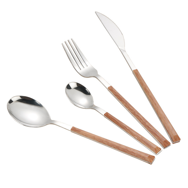 Cross-border imitation wood handle 430 stainless steel knife, spoon and fork set, Japanese-style handle Western steak knife, fork and spoon manufacturer Item Picture