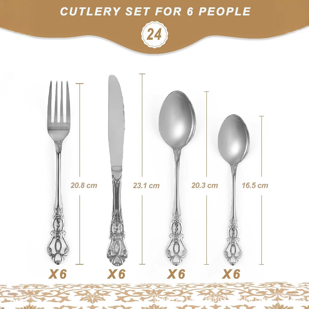 Cross-border bestseller Retro relief imperial Court stainless steel tableware set, Western restaurant, hotel, steak, knife, fork, dessert, spoon details Picture
