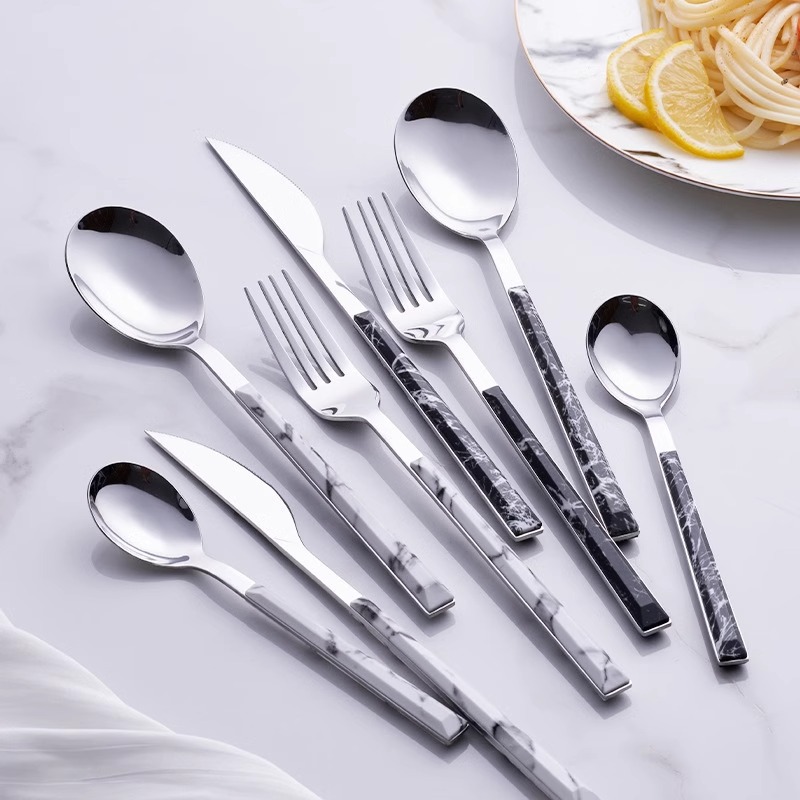 Nordic marble-patterned stainless steel Western cuisine knife, fork and spoon set, home steak knife and fork, hotel Western cuisine knife and fork full figure