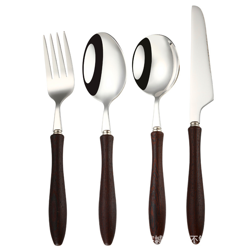304 stainless steel Western tableware, knives, forks, spoons, dessert forks, spoons, solid wood handles, forks, small spoons, steak knives, restaurant Item Picture