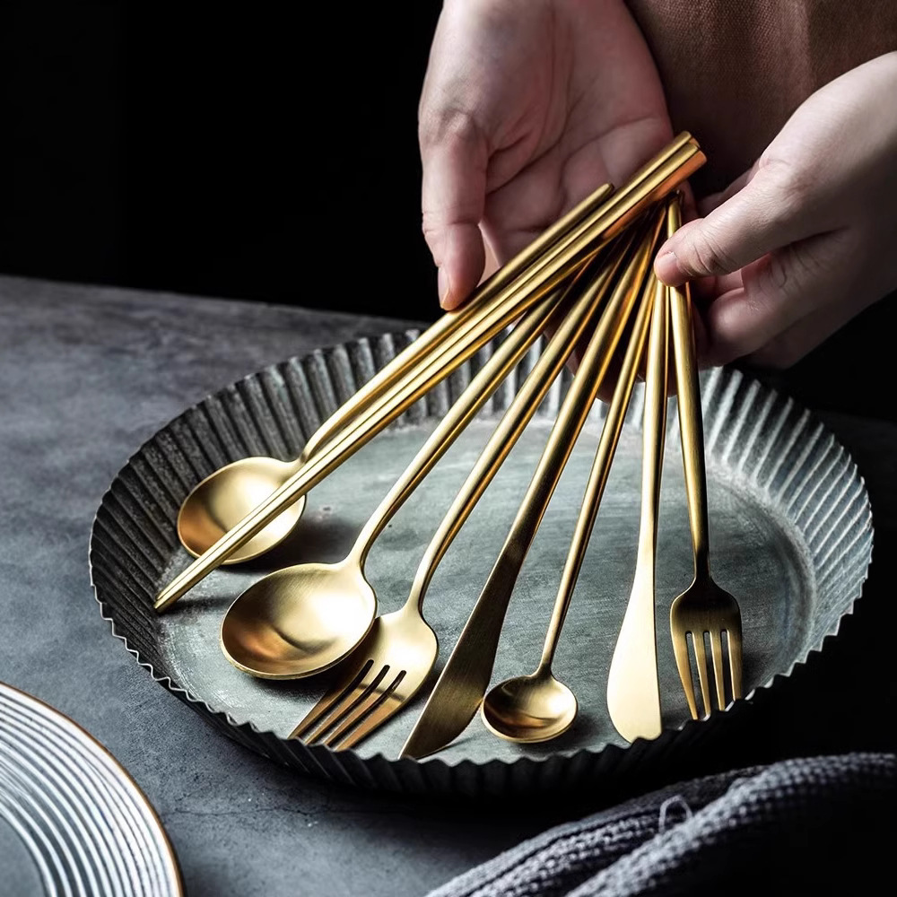304 tableware, brushed gold, matte steak, knife, fork, spoon, chopsticks, Western-style set, dessert, soup spoon Specification drawing