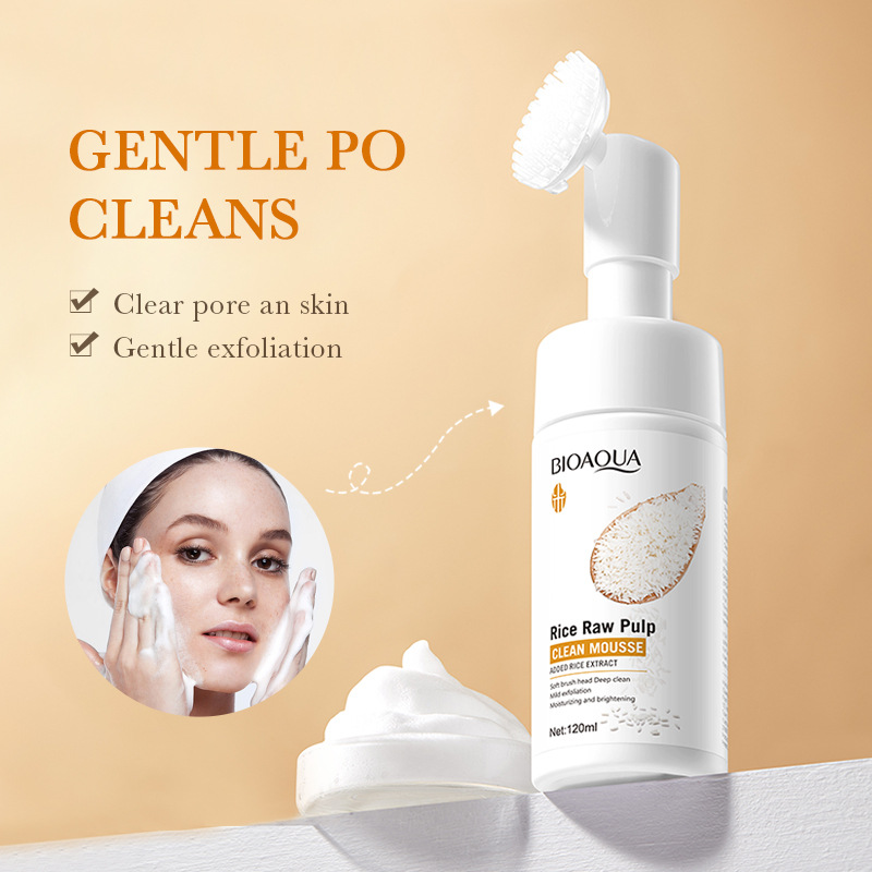 All-english BIOAOUA rice puree Cleansing Mousse Pore-cleaning Facial Cleanser with brush head cross-border wholesale details Picture