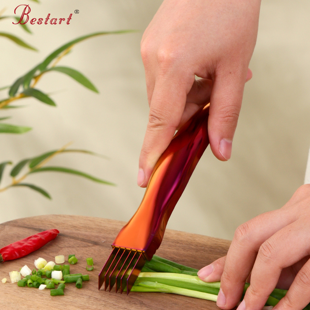A portable and lightweight golden kitchen tool for catering and household use, a stainless steel scallion cutter with logo for shredding scallions and garlic sprouts details Picture