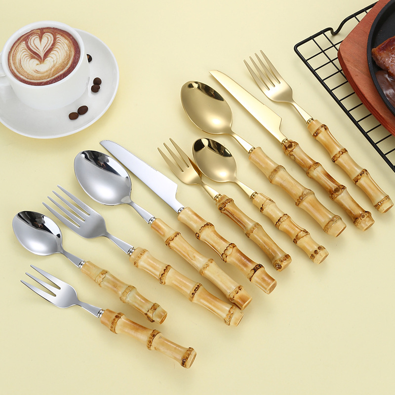 Creative natural bamboo and wood handle 304 stainless steel knife, fork and spoon tableware, home Western-style steak knife and fork set, dessert spoon full figure