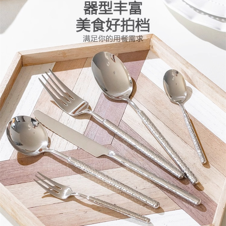304 stainless steel Western tableware, hotel steak knife and fork, round diamond hammer pattern solid handle knife, fork and spoon 4-piece set, restaurant full figure