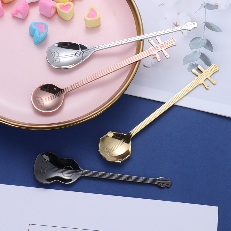 Wholesale creative 304 stainless steel coffee spoons, guitar music bar spoons, mixing spoons, dessert ice cream spoons, Logo full figure