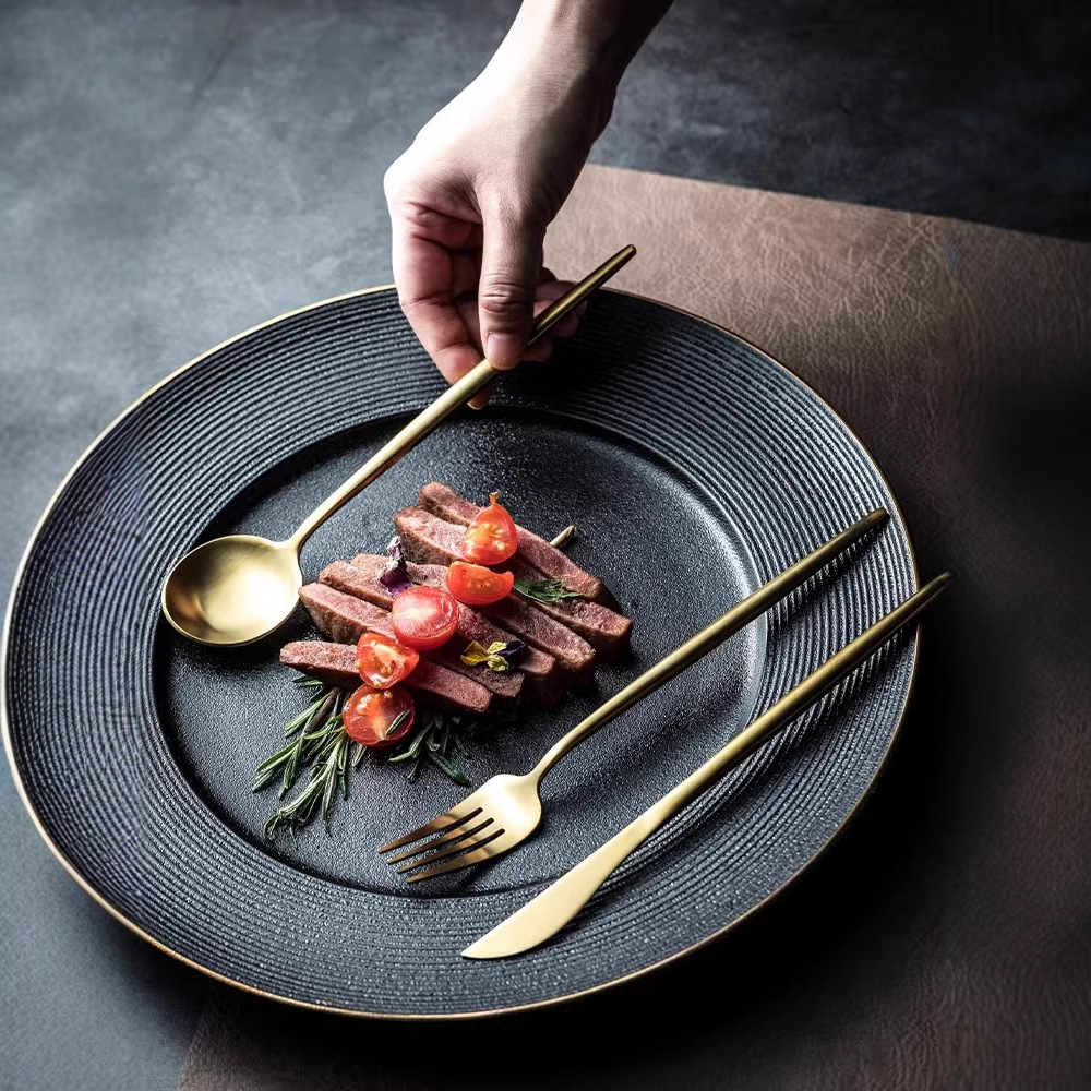 304 tableware, brushed gold, matte steak, knife, fork, spoon, chopsticks, Western-style set, dessert, soup spoon Application Scenario
