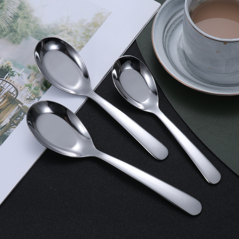 Factory wholesale 304 stainless steel spoons, Chinese flat-bottomed spoons, soup spoons, children's eating long-handled spoons, household Logo full figure