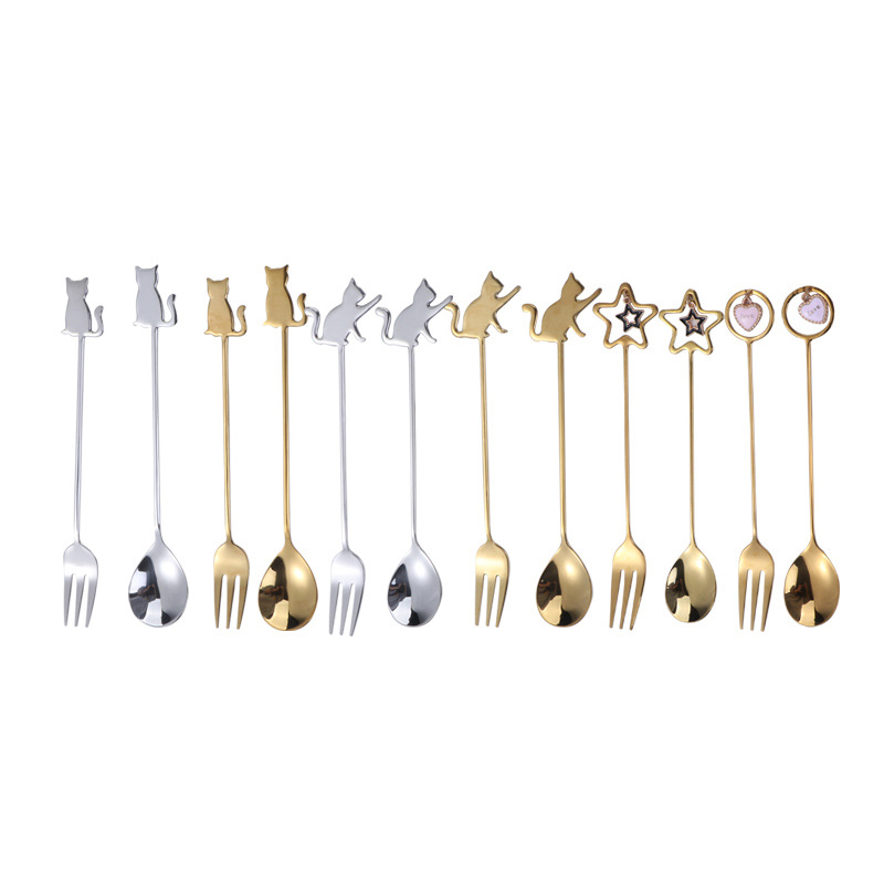 Creative Japanese-style 304 stainless steel coffee spoon, cute cat cake dessert fruit fork, ins style mixing spoon Item Picture