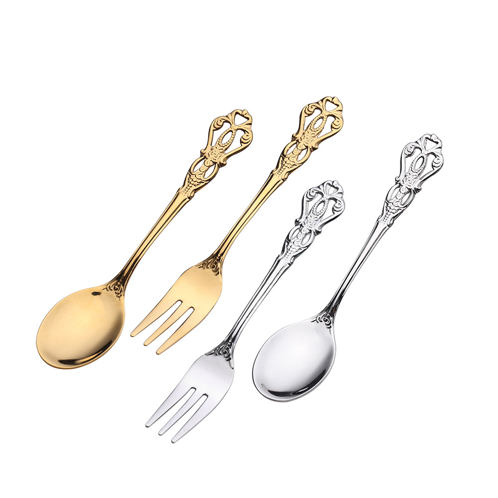 Imperial Court Hollowed-out relief dessert spoon, three-toothed fork stirring spoon set, European-style carved tableware gift, retro spoon Item Picture