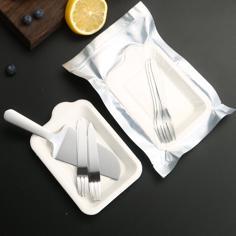 Vacuum stainless steel cake knife, fork, spoon and plate combination birthday cake tableware set, convenient bag, printed LOGO full figure