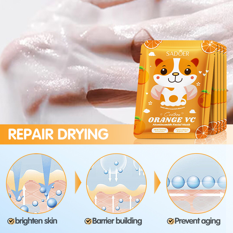 Cross-border wholesale of SADOER Orange VC Niacinamide Whitening Cartoon Mask and Hydrating Mask in English Application Scenario