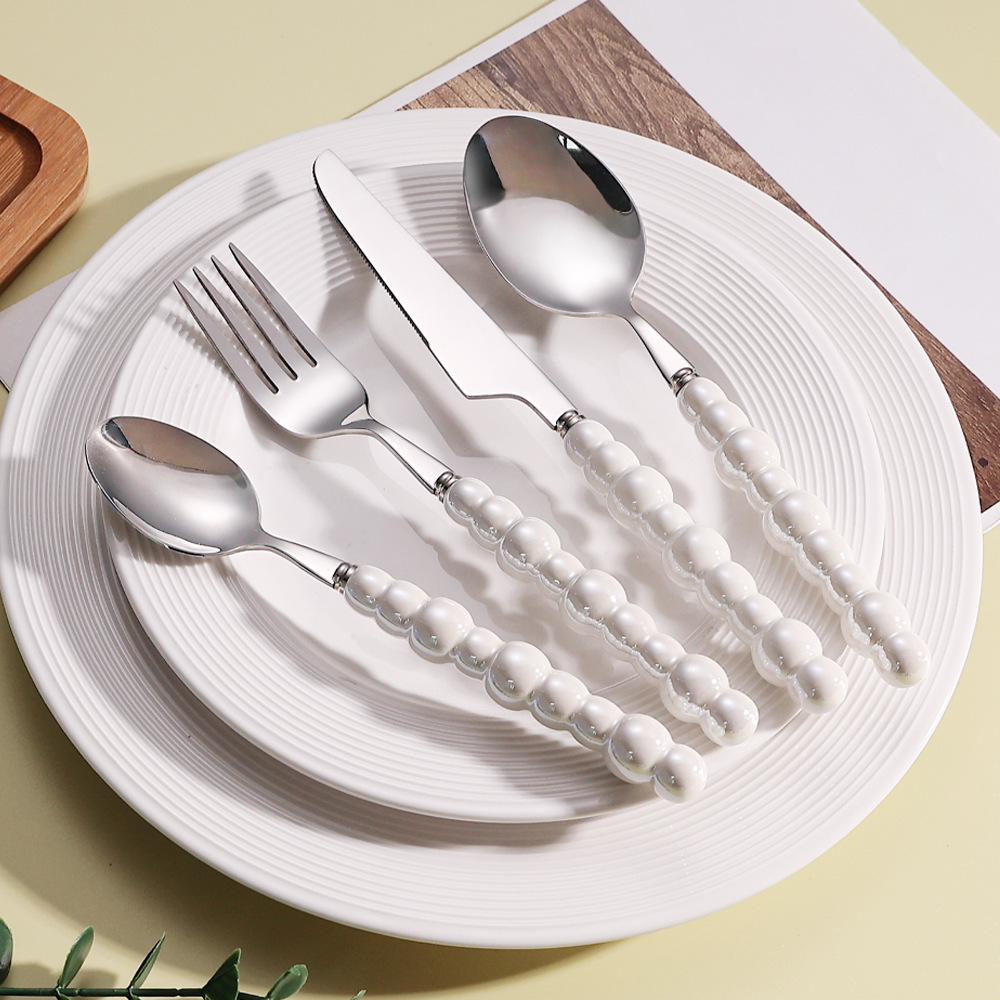 Light luxury 304 stainless steel knife, fork and spoon, creative pearl ceramic handle tableware, Western steak knife, fork and dessert spoon details Picture