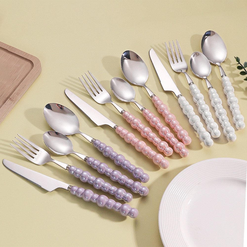 Light luxury 304 stainless steel knife, fork and spoon, creative pearl ceramic handle tableware, Western steak knife, fork and dessert spoon full figure