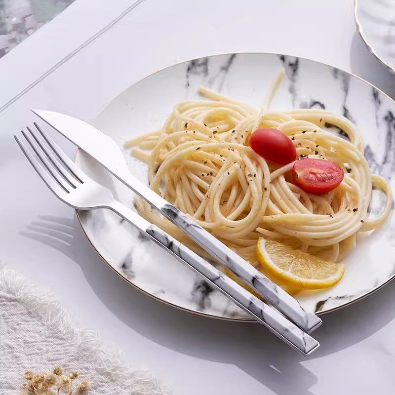 Nordic marble-patterned stainless steel Western cuisine knife, fork and spoon set, home steak knife and fork, hotel Western cuisine knife and fork details Picture