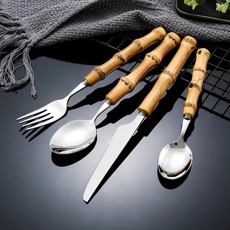 Handcrafted bamboo handle Western tableware set, ins style 304 stainless steel dessert spoons and forks, household tableware knives, forks and spoons details Picture