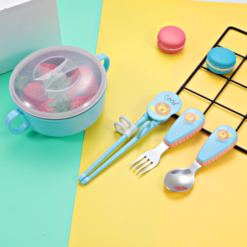 Wholesale 304 stainless steel baby food bowls, infant and toddler learning spoons and chopsticks, children's feeding spoons and forks, tableware sets and gifts full figure