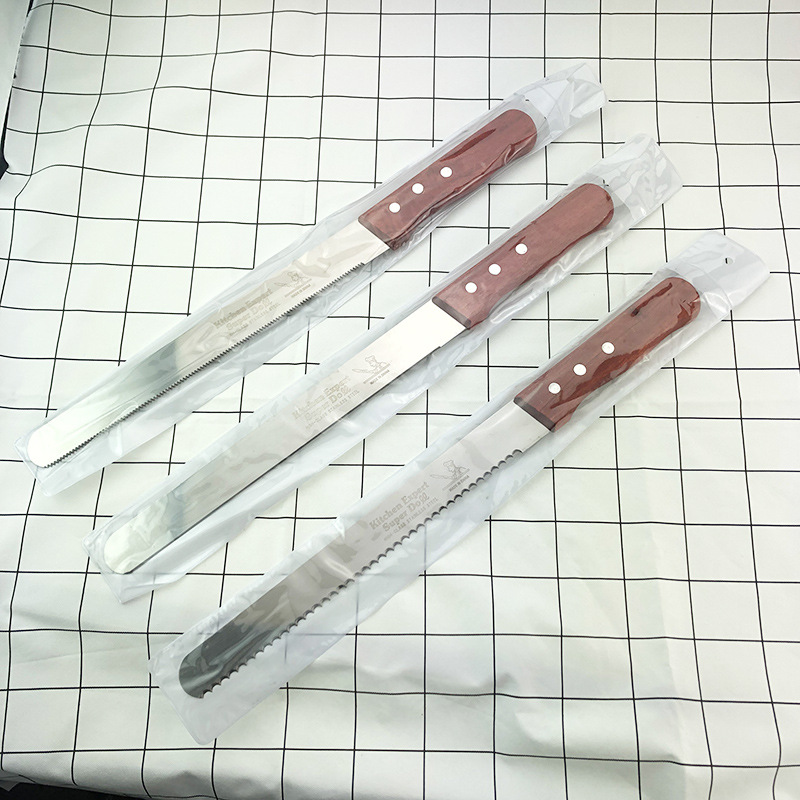 Wholesale of stainless steel bread knives, wooden-handled cake knives, 8-inch, 10-inch, 12-inch and 14-inch serrated knives and baking tools in stock details Picture