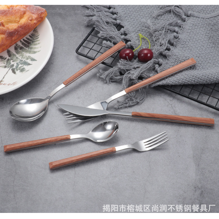 Cross-border imitation wood handle 430 stainless steel knife, spoon and fork set, Japanese-style handle Western steak knife, fork and spoon manufacturer Specification drawing