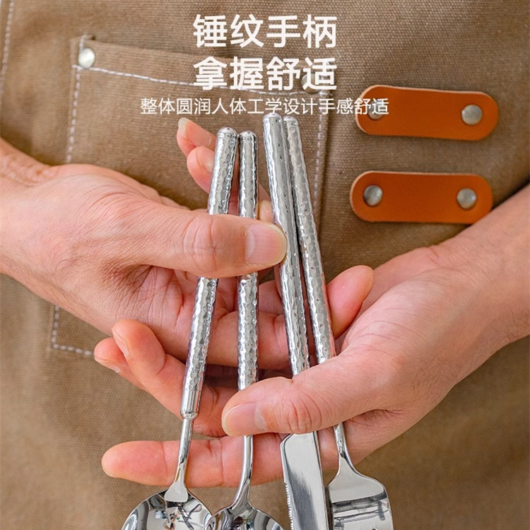 304 stainless steel Western tableware, hotel steak knife and fork, round diamond hammer pattern solid handle knife, fork and spoon 4-piece set, restaurant Specification drawing