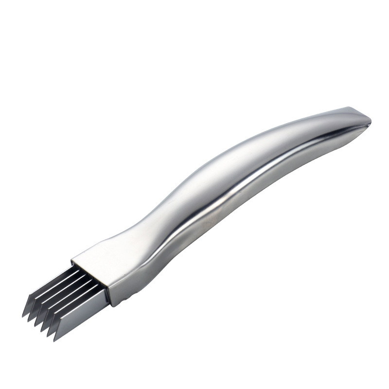 A portable and lightweight golden kitchen tool for catering and household use, a stainless steel scallion cutter with logo for shredding scallions and garlic sprouts Item Picture
