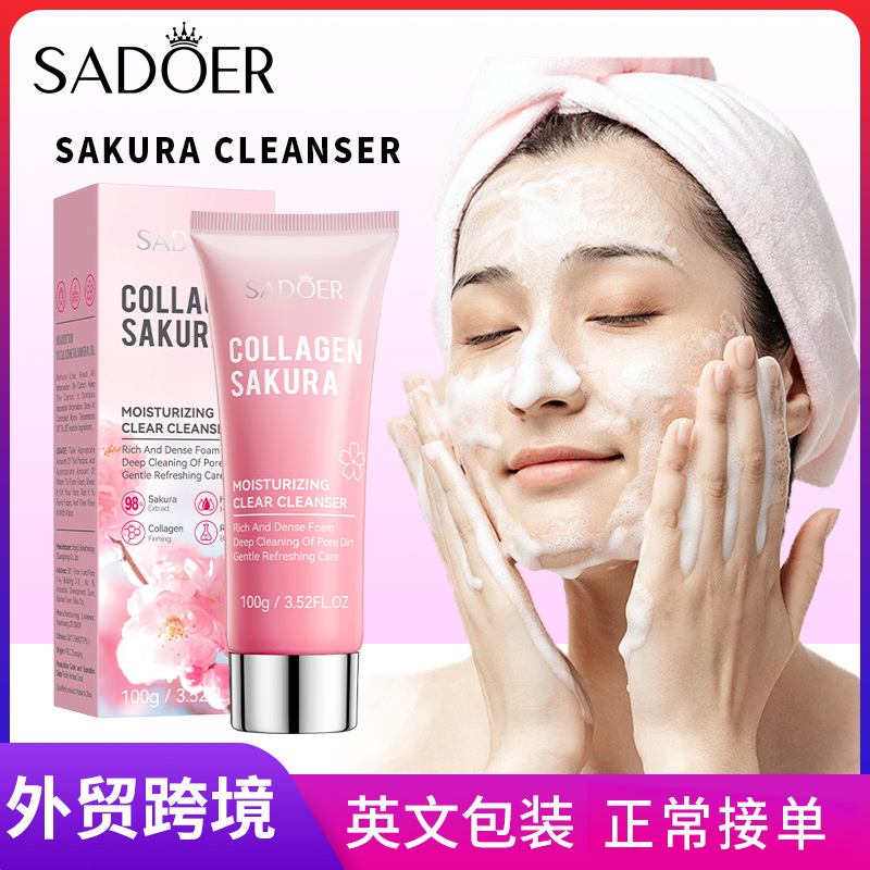 Full English SADOER Sakura Collagen Cleansing Facial Cleanser Deep Cleansing Facial Cleanser Cross-border export wholesale full figure
