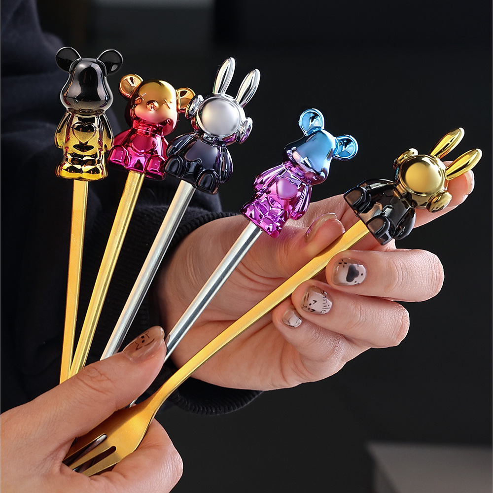 High appearance level bear spoon, cartoon stainless steel fruit fork, colorful space rabbit, fluid bear New Year tableware set full figure