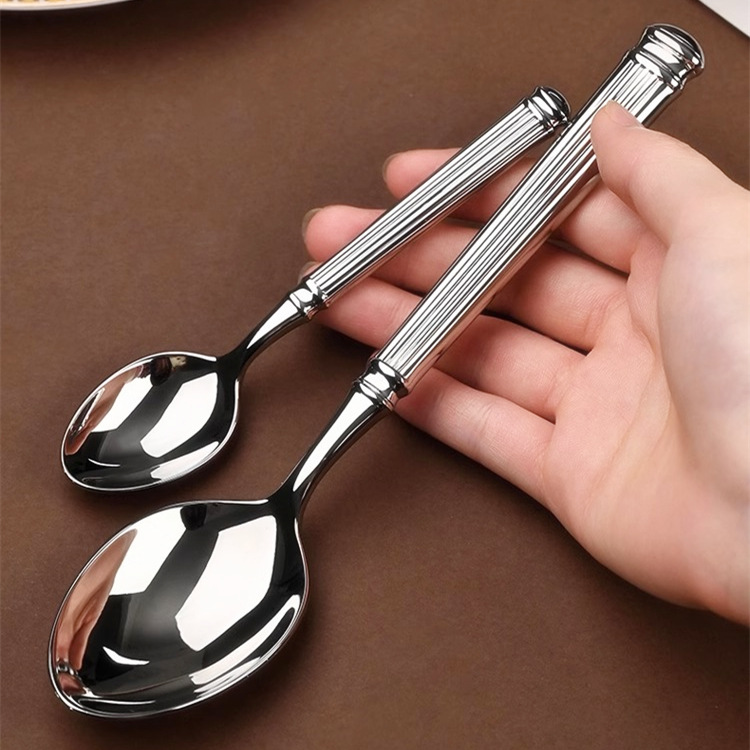 French retro steak knife, fork and spoon set, 304 stainless steel Western tableware, restaurant and hotel Roman column dessert fork and spoon Specification drawing