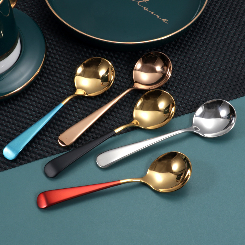 Factory wholesale of popular 304 stainless steel round spoons, children's rice spoons, tableware, dessert soup spoons, creative spoons, Logo full figure