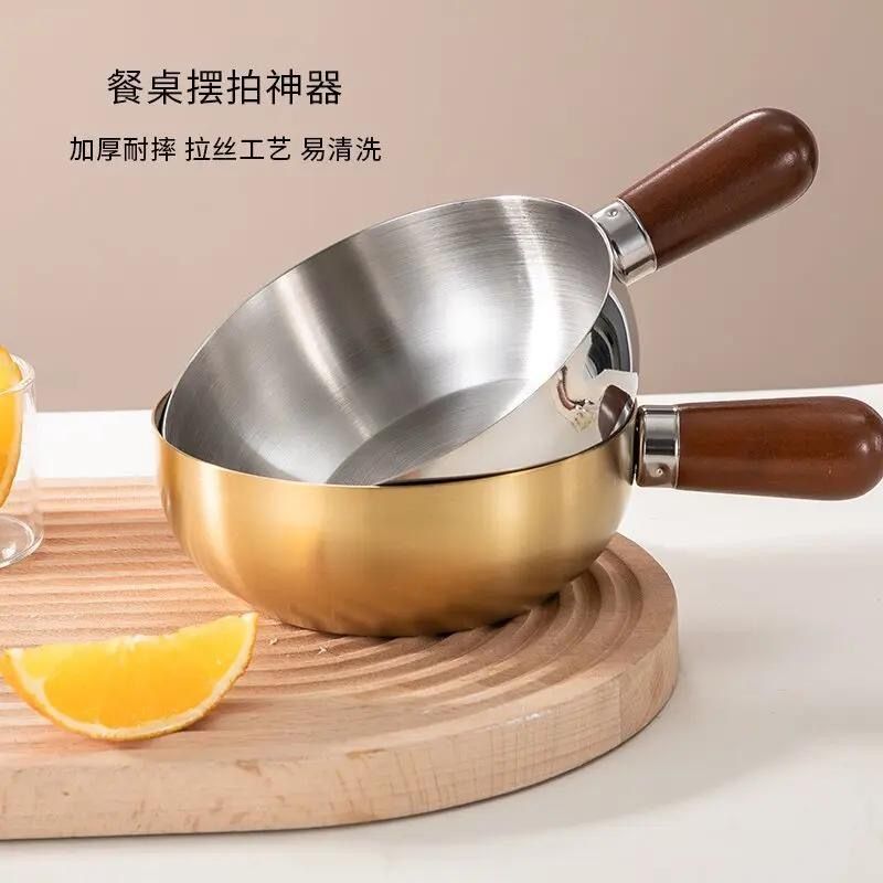 Stainless steel instant noodle bowl, baby food pot, snack bowl, egg beater bowl with wooden handle, salad bowl, heat-resistant, shockproof, heat-resistant, household Specification drawing