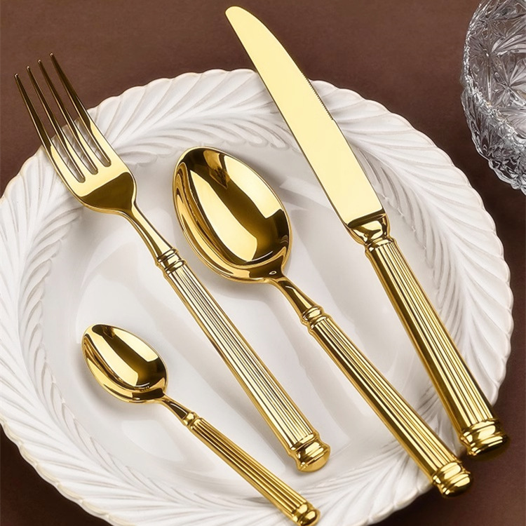 French retro steak knife, fork and spoon set, 304 stainless steel Western tableware, restaurant and hotel Roman column dessert fork and spoon details Picture