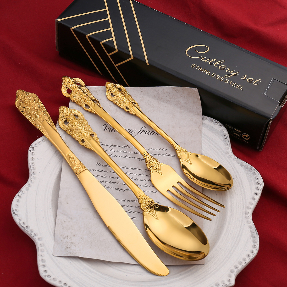 Cross-border Amazon knife, fork and spoon 24-piece set of stainless steel tableware, golden spoon tableware, six-person restaurant knife and fork details Picture