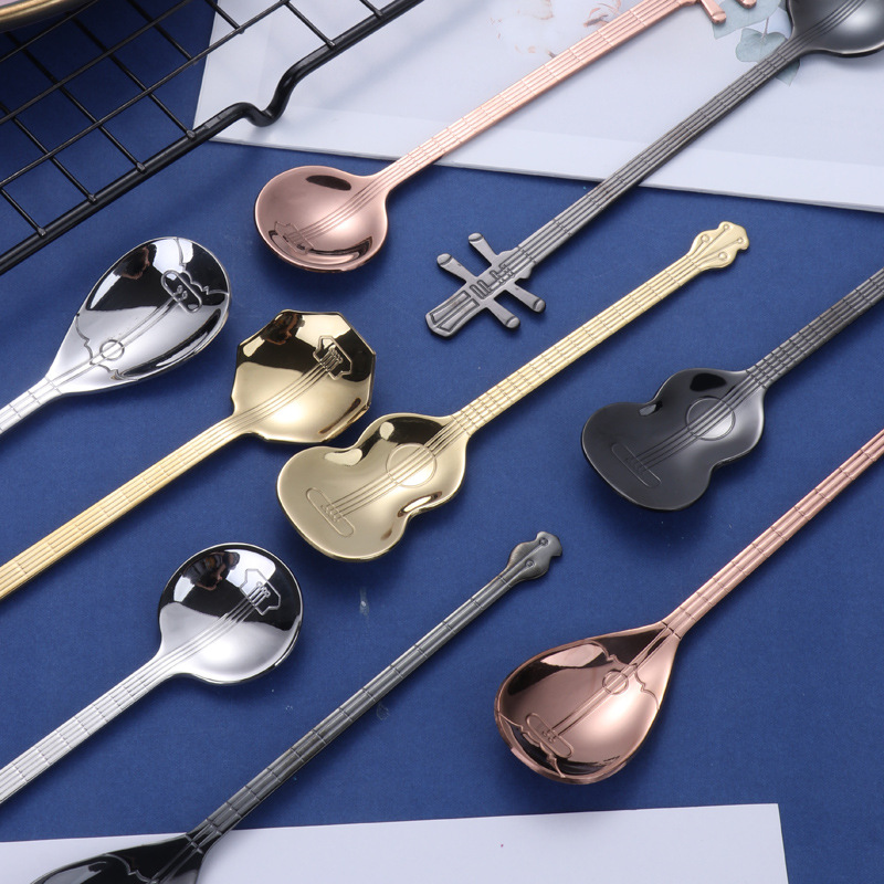 Wholesale creative 304 stainless steel coffee spoons, guitar music bar spoons, mixing spoons, dessert ice cream spoons, Logo details Picture