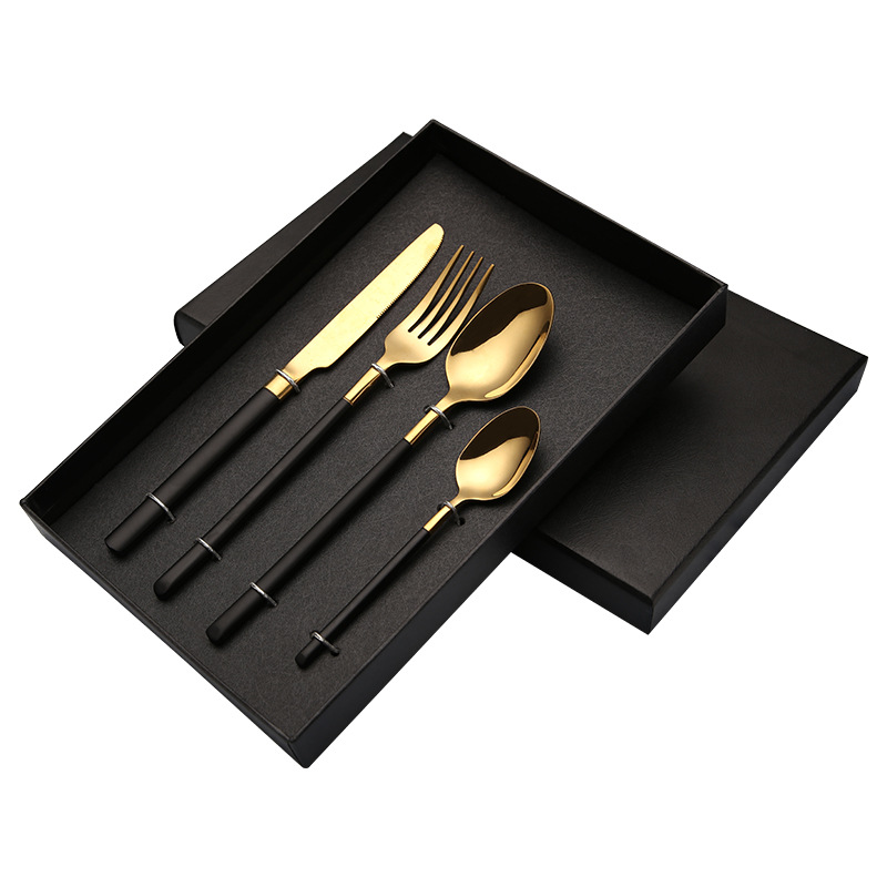 Hotel 304 stainless steel knife and fork set Western dining tableware, stainless steel steak knife, fork and spoon 4-piece set gift box Item Picture