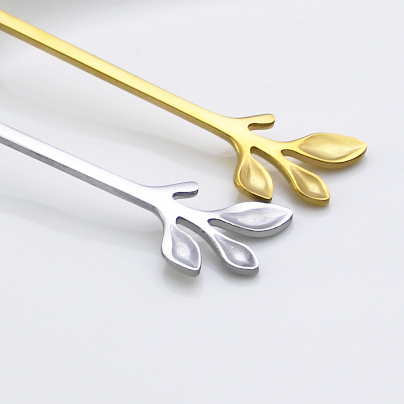 Factory wholesale creative leaf fruit forks, stainless steel titanium-coated fruit skewers, mooncake forks, cake dessert forks, gold Specification drawing