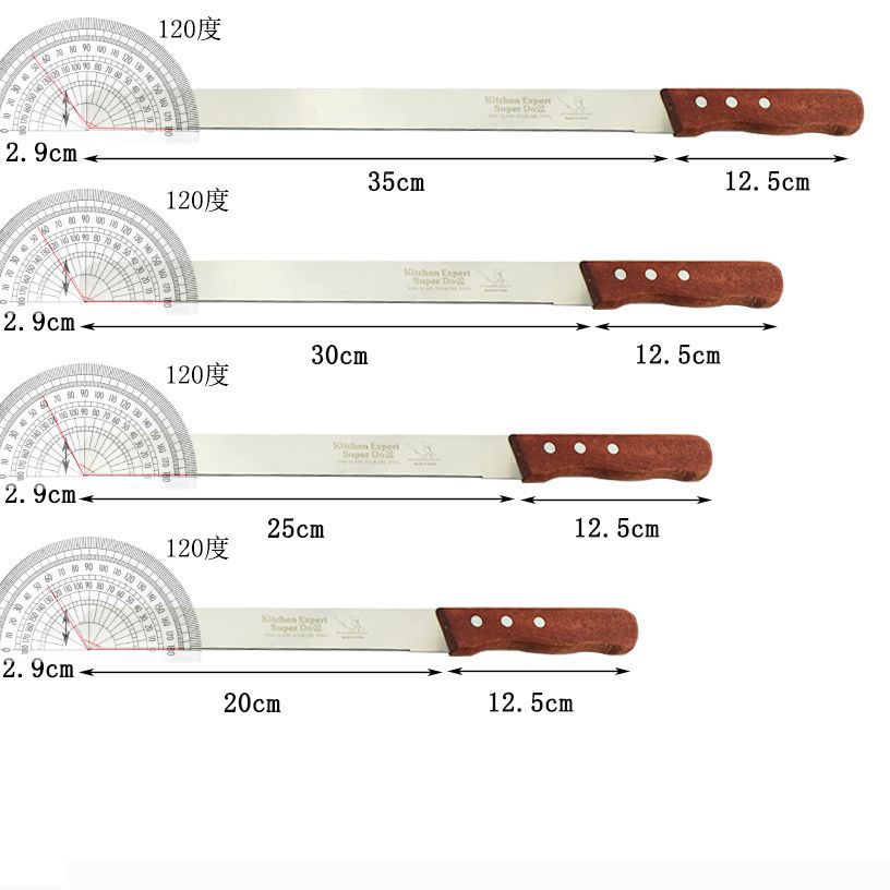 Wholesale of stainless steel bread knives, wooden-handled cake knives, 8-inch, 10-inch, 12-inch and 14-inch serrated knives and baking tools in stock Specification drawing