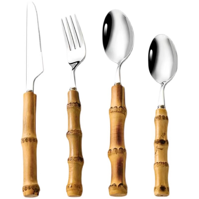 Handcrafted bamboo handle Western tableware set, ins style 304 stainless steel dessert spoons and forks, household tableware knives, forks and spoons Item Picture