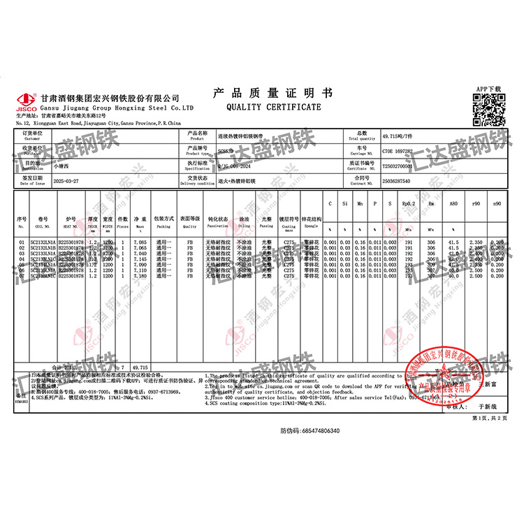 Guangdong Jiugang Zinc-aluminum-magnesium Steel Plate SCS53D-C275 galvanized iron sheet self-healing stamping aluminum-magnesium-zinc plate Application Scenario