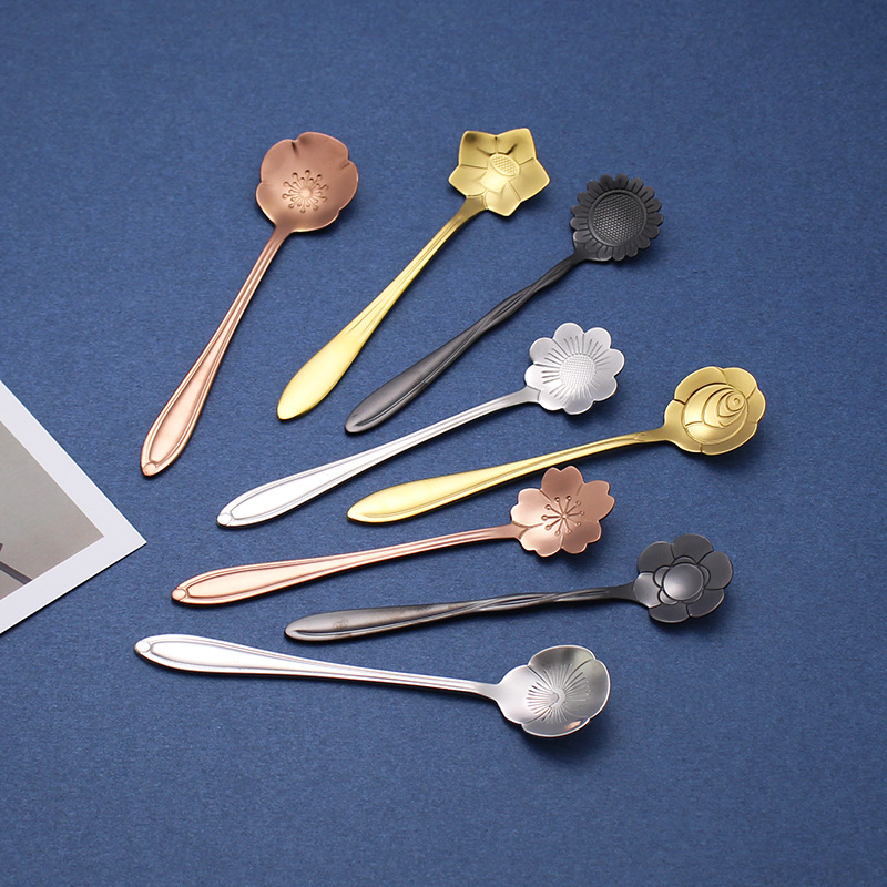 Wholesale Japanese creative cherry blossom stainless steel coffee spoons, flower-shaped mixing spoons, titanium gold spoons, ice cream spoons as gifts details Picture