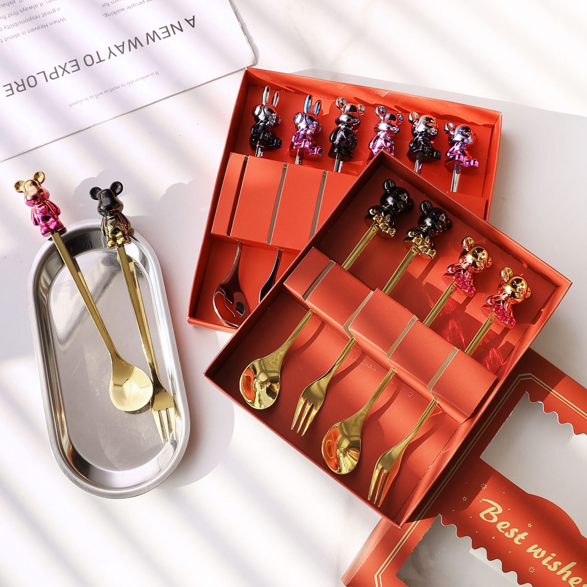 High appearance level bear spoon, cartoon stainless steel fruit fork, colorful space rabbit, fluid bear New Year tableware set details Picture