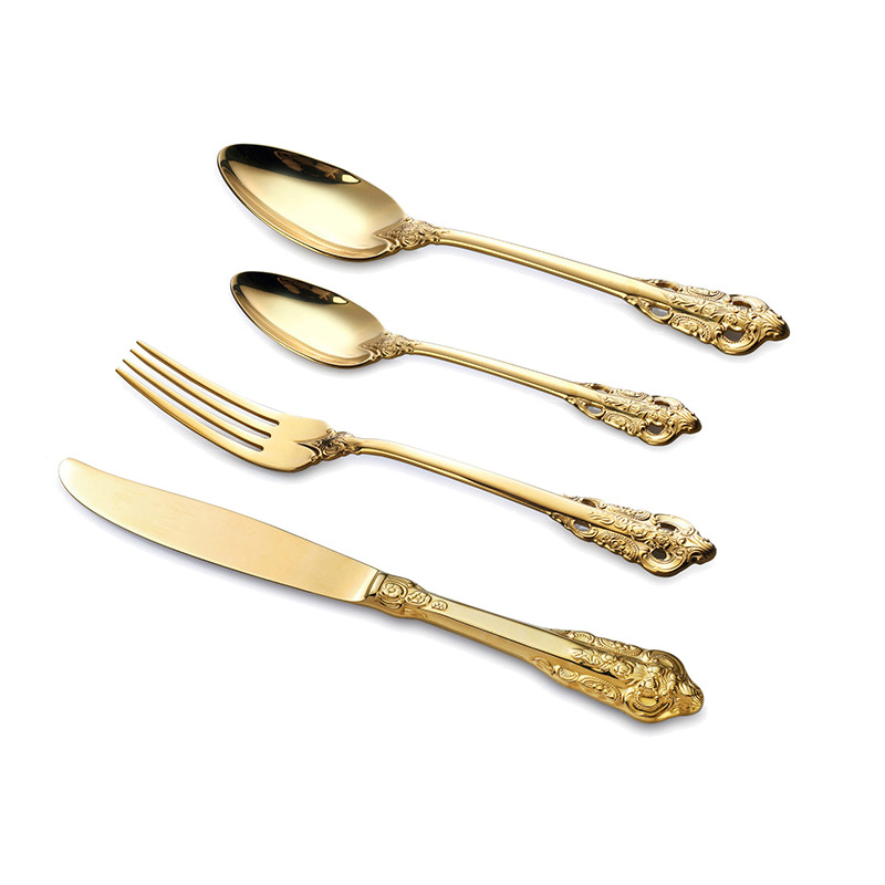 European-style retro embossed gilded 304 stainless steel knives, forks, spoons, court Western tableware, steak knives and forks, hotel supplies Item Picture