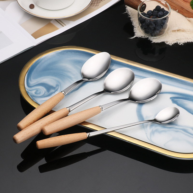 Creative Western-style beech wood handle stainless steel tableware, household spoons, hotel dessert spoons, forks, chopsticks and knives, solid wood handle tableware Specification drawing