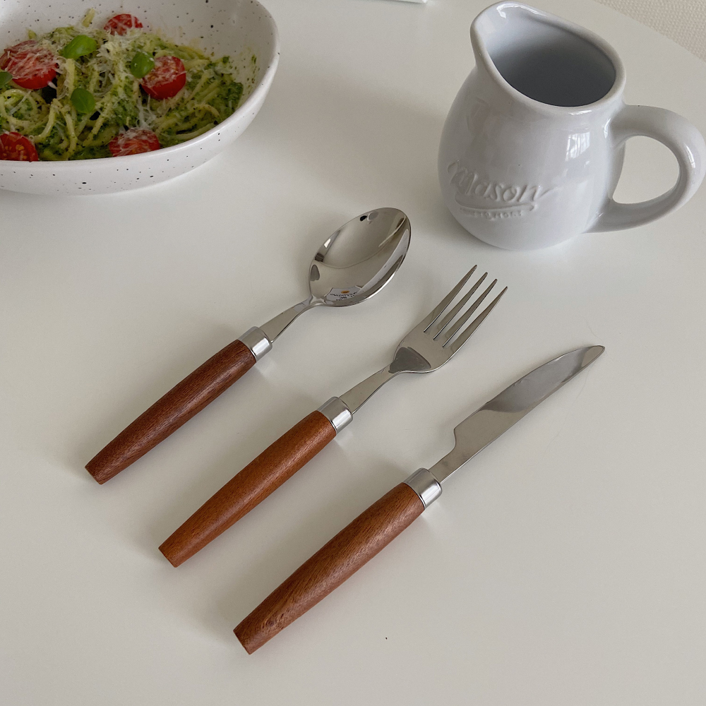 ins style cute round wooden handle knife, fork and spoon set, Western tableware, steak knife, fork and spoon, dessert small spoon, 304 stainless steel details Picture
