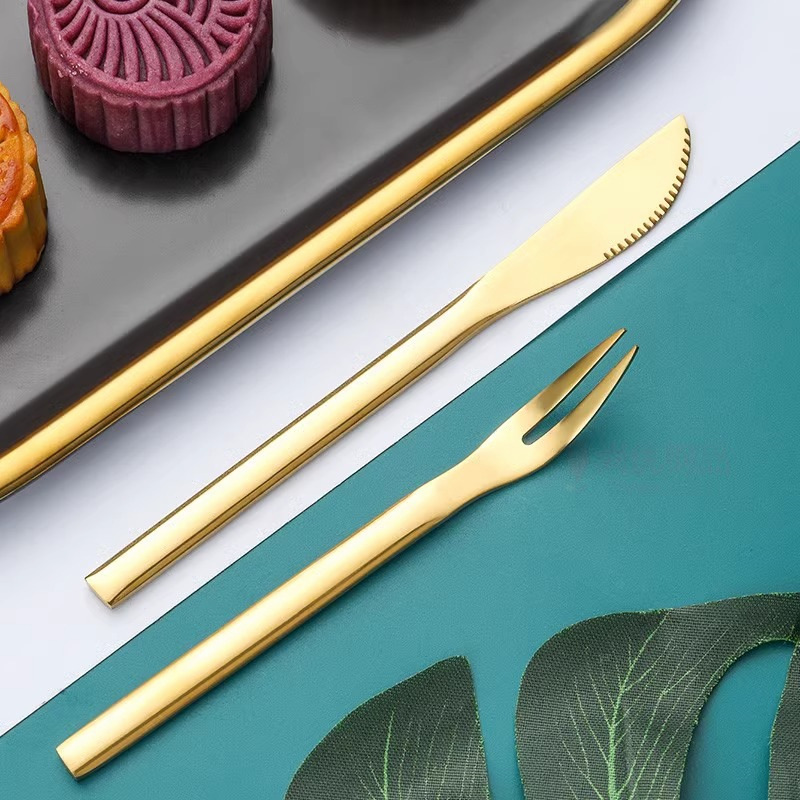 Thickened stainless steel mooncake knife and fork set, Western pastry children's dessert fork, household fruit label with golden printed LOGO Specification drawing