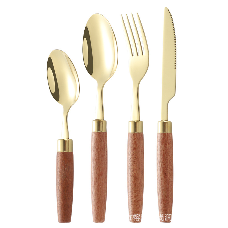 ins style cute round wooden handle knife, fork and spoon set, Western tableware, steak knife, fork and spoon, dessert small spoon, 304 stainless steel Item Picture