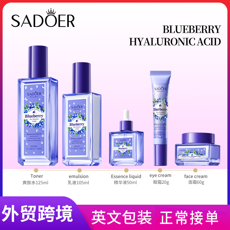 Cross-border export wholesale of SADOER blueberry Hyaluronic Acid Moisturizing Antioxidant Skin Care Product Set Facial Cleanser in full English full figure
