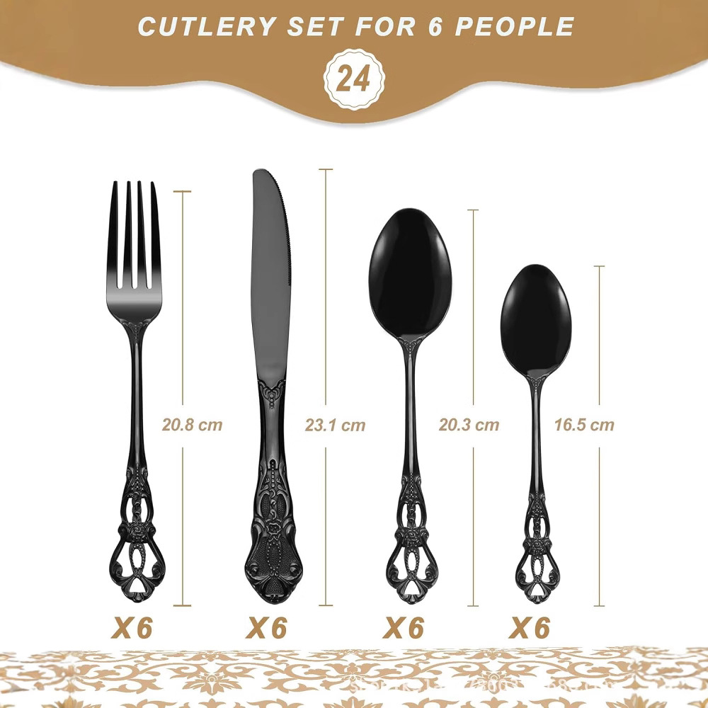 Cross-border bestseller Retro relief imperial Court stainless steel tableware set, Western restaurant, hotel, steak, knife, fork, dessert, spoon Specification drawing