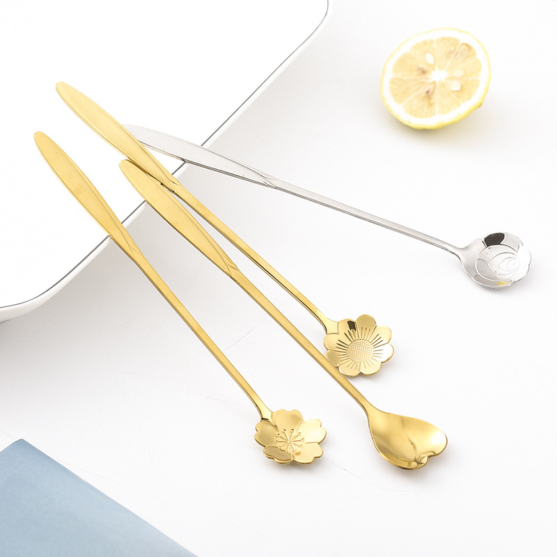 Creative cherry blossom long-handled titanium gold stainless steel spoon, Japanese tableware stirring rod, spoon, coffee spoon, stirring spoon details Picture