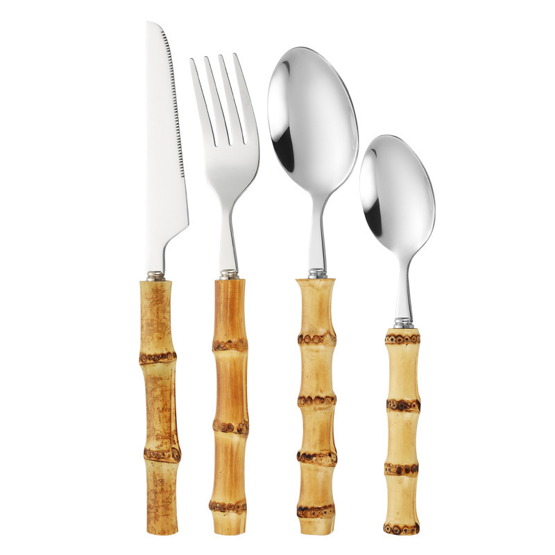 Creative natural bamboo and wood handle 304 stainless steel knife, fork and spoon tableware, home Western-style steak knife and fork set, dessert spoon Item Picture
