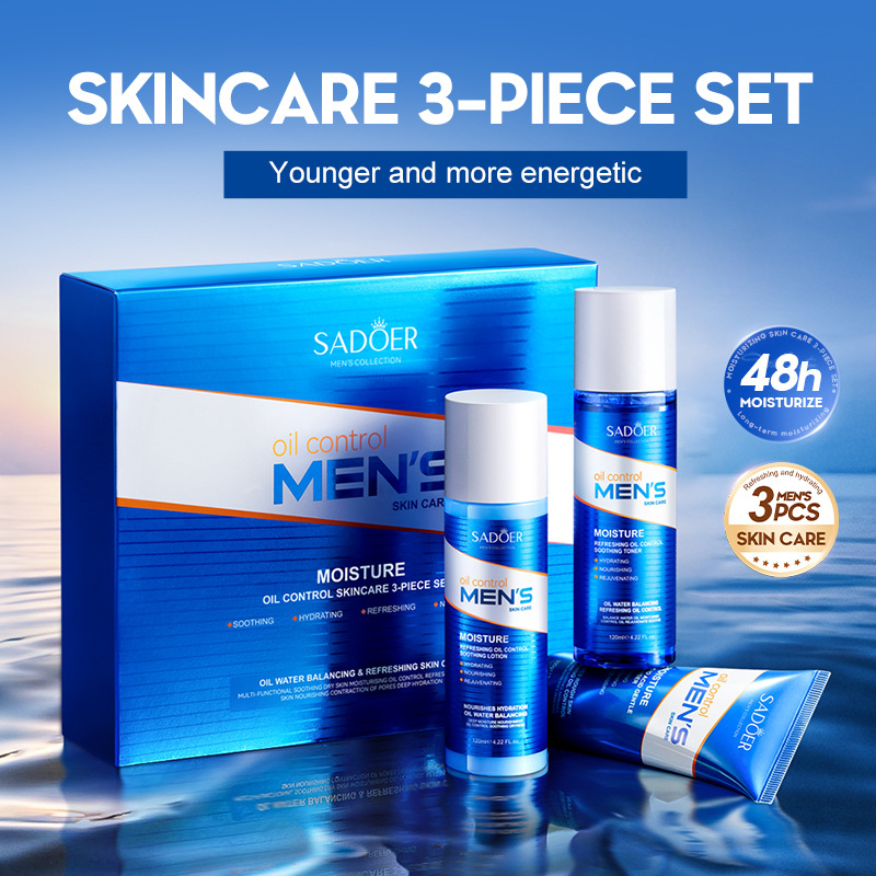 Cross-border export wholesale of the all-English SADOER men's Moisturizing, refreshing and oil-Control three-piece moisturizing skin care set full figure